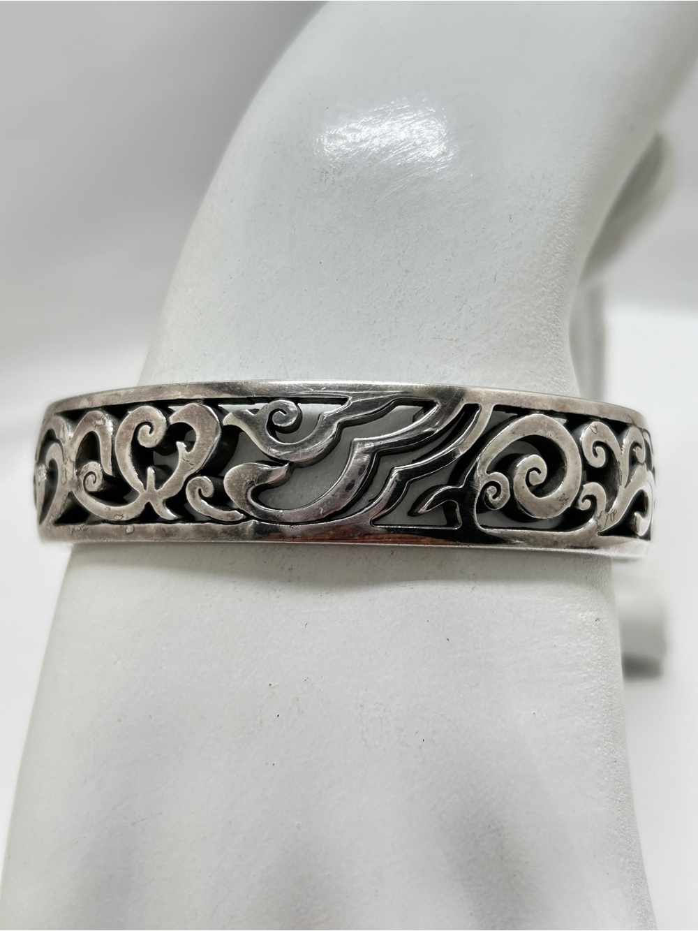Brighton, Retired Silver Plate Madrid Hinged Bracelet, Scrolled, Hearts
